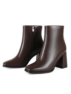 Square Toe Ankle Boots Chunky Block Heel Side Zip PU Leather Booties